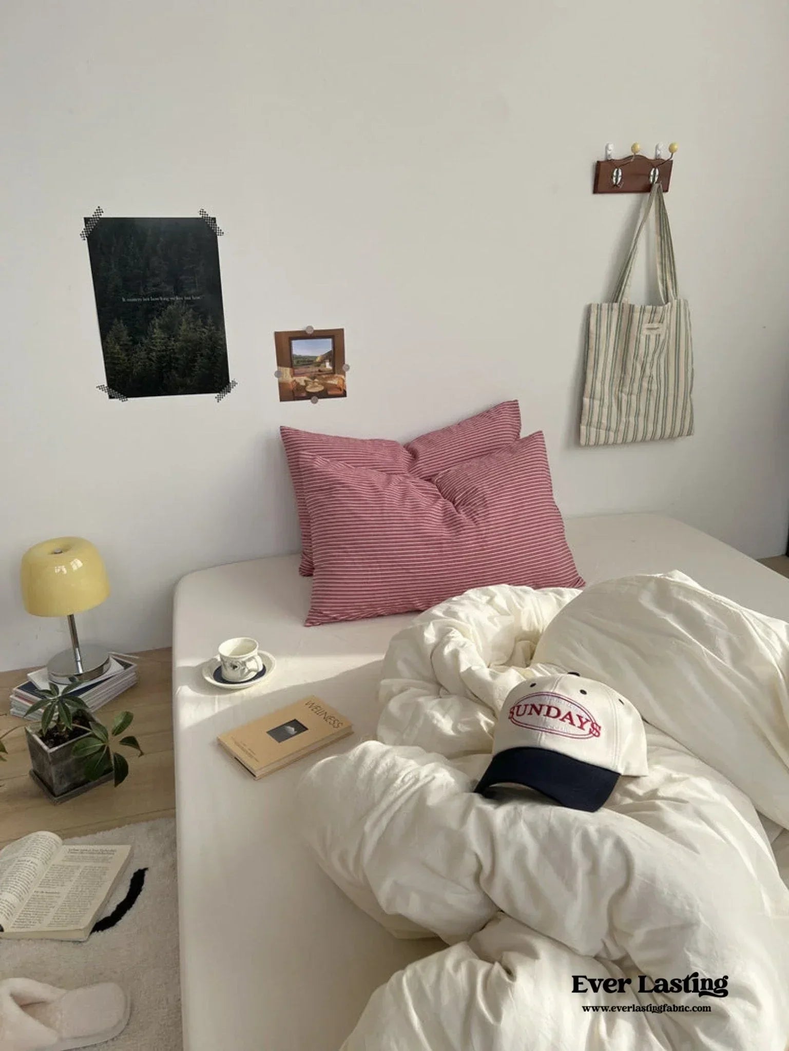 Mixed Stripe Washed Cotton Bedding Set / White + Red Ever Lasting