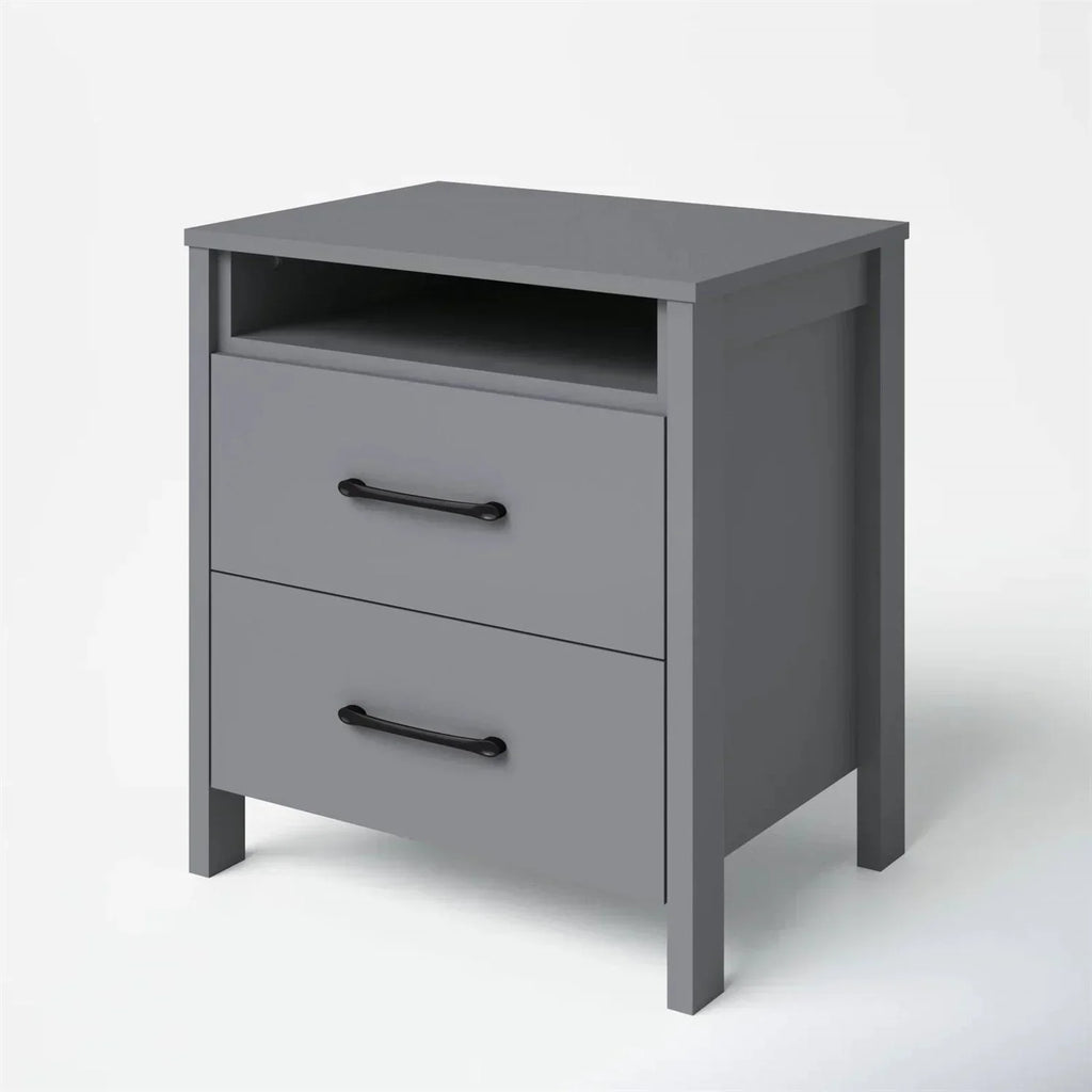 Modern 2-Drawer Bedside Table Nightstand with Open Shelf in Grey Wood Finish