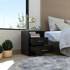 Modern 2-Drawer Nightstand End Table with Open Shelf in Black Wood Finish