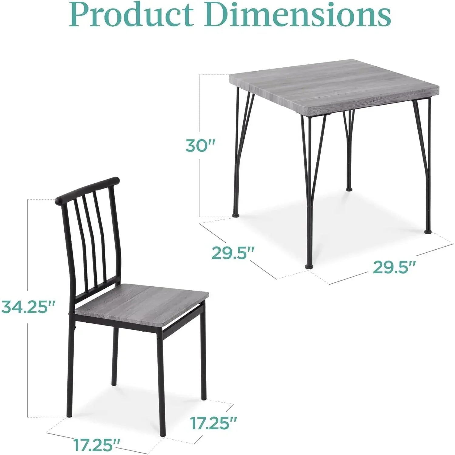 Modern 3-Piece Metal Frame Dining Set with Grey Wood Top Table and 2 Chairs