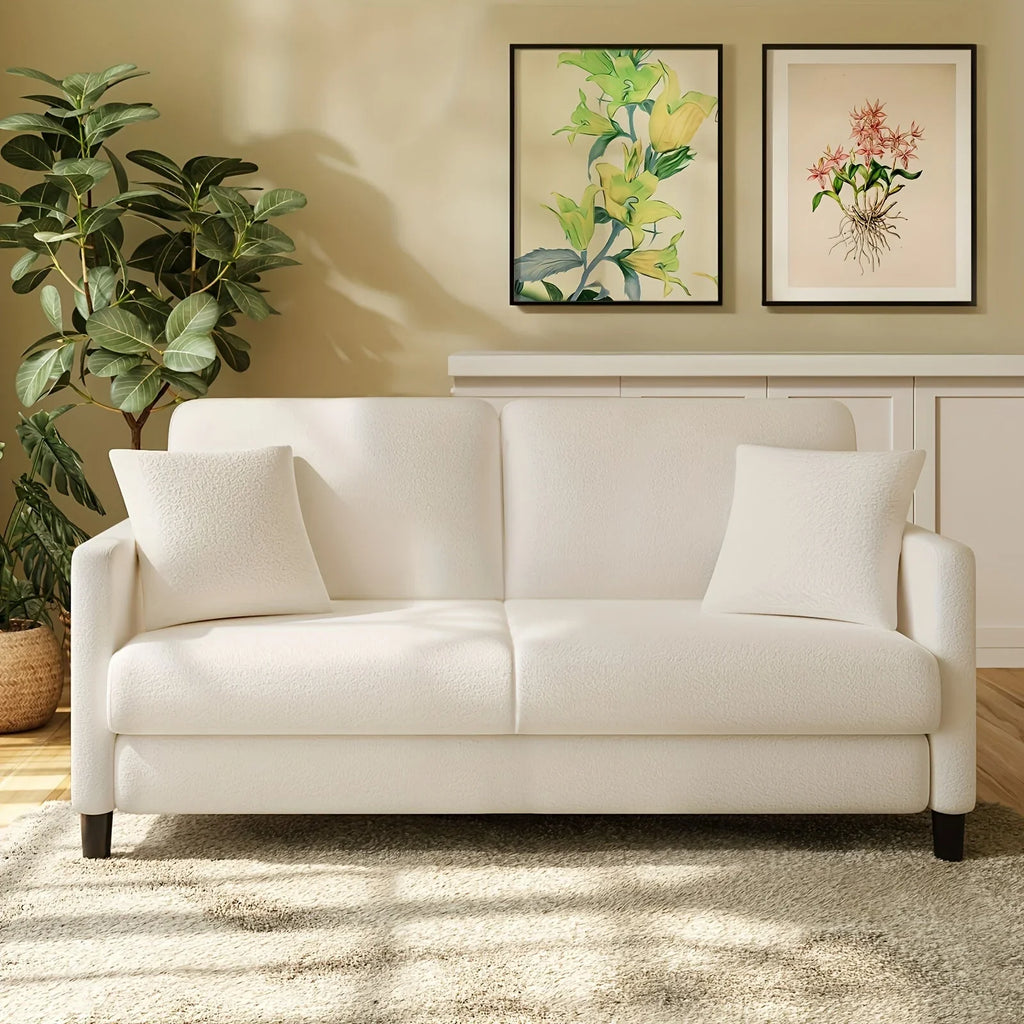 Modern 3-Seater Teddy Velvet Sofa with Pillows – Comfortable Fleece Love Seat for Living Room, Bedroom, or Home Office, Hardwood Frame, White Upholstery, Mid-Century Design, Home Office Couch | Elegant Velvet Sofa | Plush C House Of Avana