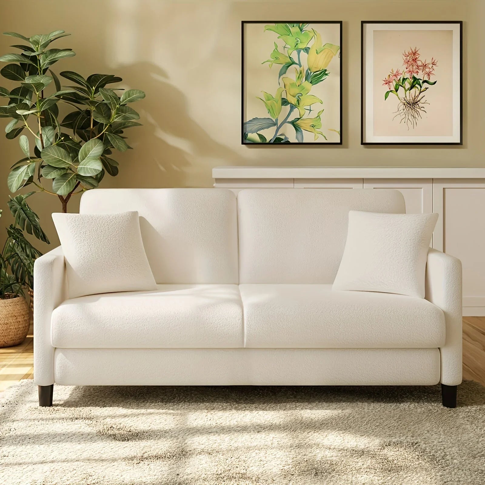 Modern 3-Seater Teddy Velvet Sofa with Pillows – Comfortable Fleece Love Seat for Living Room, Bedroom, or Home Office, Hardwood Frame, White Upholstery, Mid-Century Design, Home Office Couch | Elegant Velvet Sofa | Plush C House Of Avana