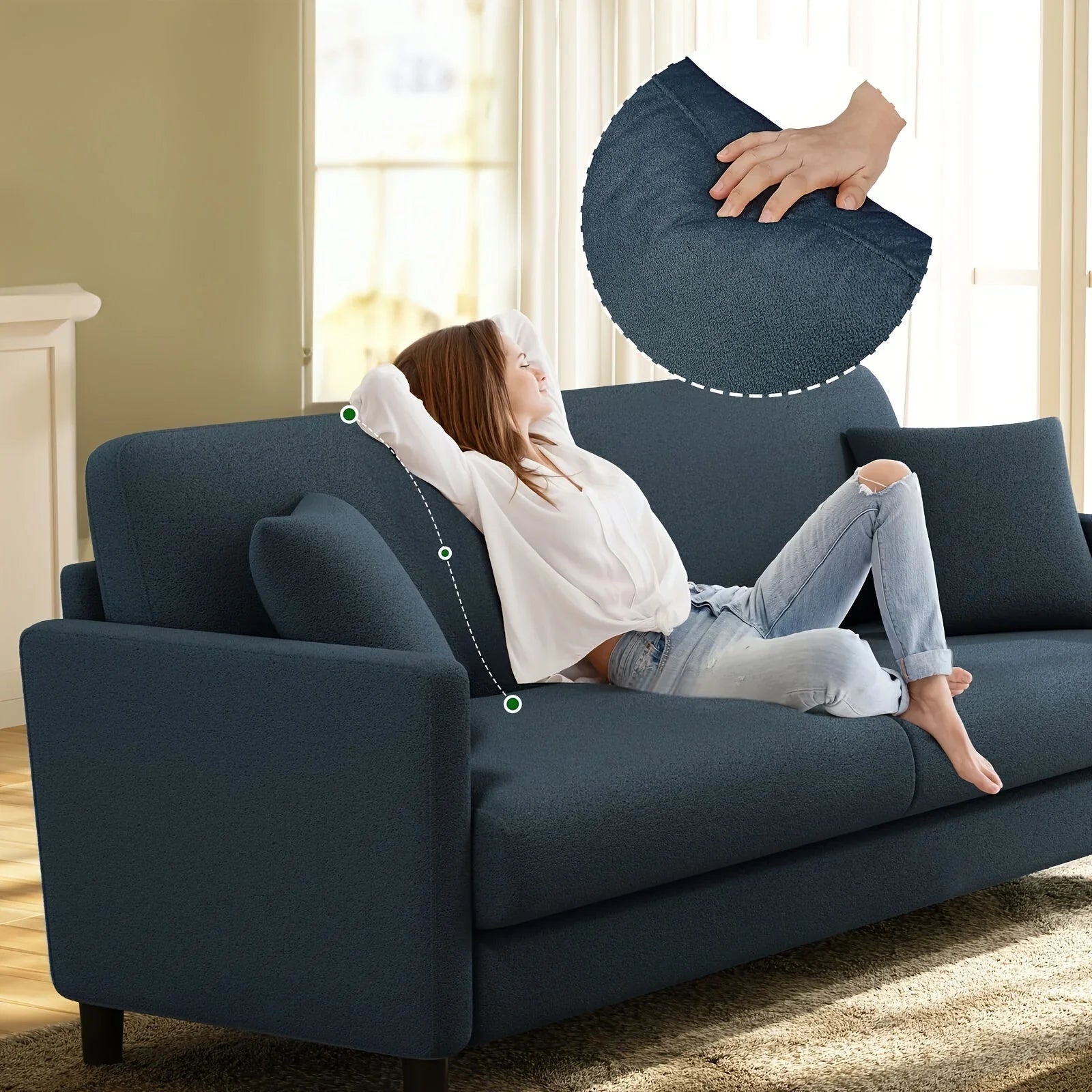 Modern 3-Seater Teddy Velvet Sofa with Pillows – Comfortable Fleece Love Seat for Living Room, Bedroom, or Home Office, Hardwood Frame, White Upholstery, Mid-Century Design, Home Office Couch | Elegant Velvet Sofa | Plush C House Of Avana