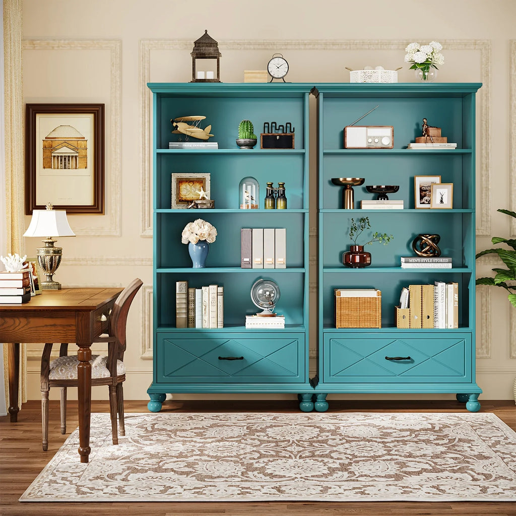 Modern 6-Shelf Bookcase With Drawer, 71 Inch Tall Floor Standing Bookshelf With Solid Wood Legs, 6-Tier Large Open Display Storage Book Shelf For Living Room, Bedroom, Home Office, Ocean Blue House Of Avana