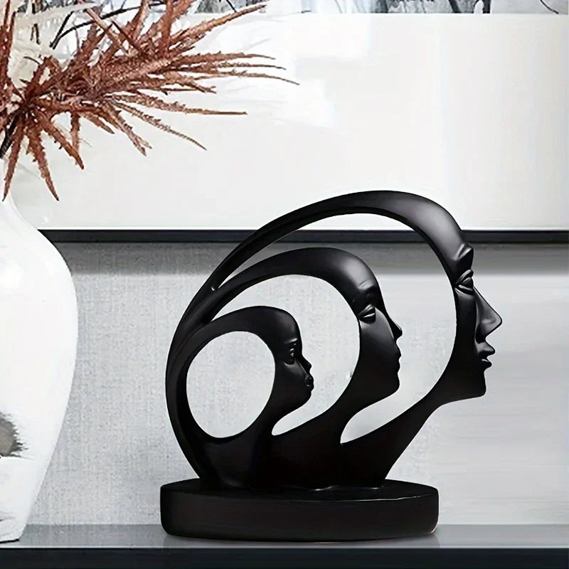 Modern Black Resin Family of Three Sculpture - Artistic Multi-Face Design for Living Room, Wine Cabinet, or Bookshelf Decor, Indoor Use, No Power Needed, Home Decor - House Of Avana