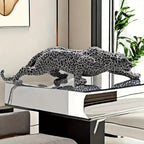 Modern black and white leopard statue, ceramic figurine with spotted design - House of Avana