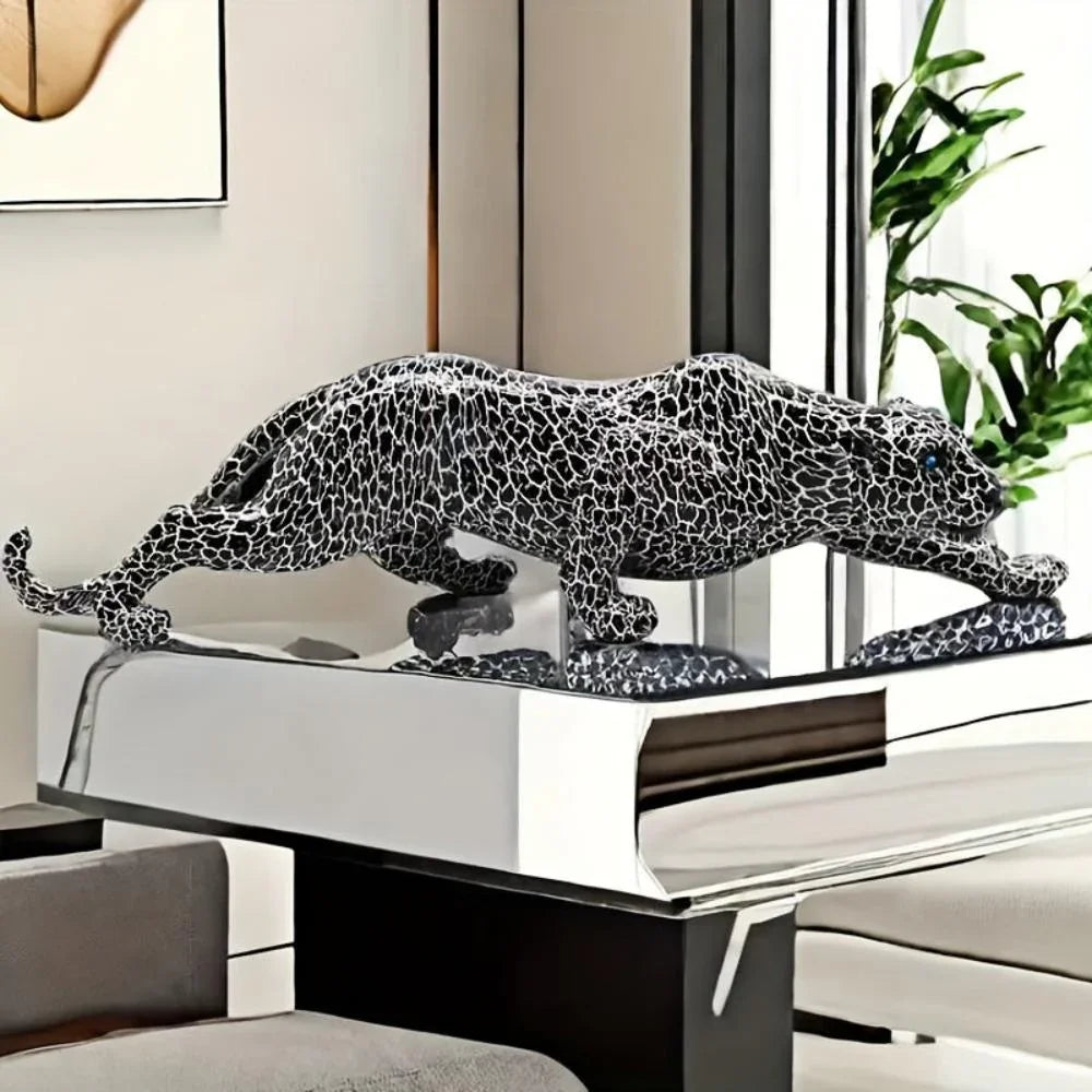 Modern black and white leopard statue, ceramic figurine with spotted design - House of Avana