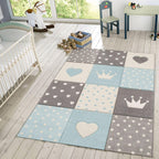 Kids Rug Checked Dots Hearts & Crowns in Pastel Blue Grey RugYourHome