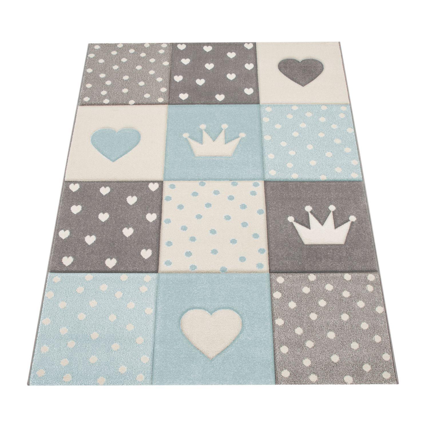 Kids Rug Checked Dots Hearts & Crowns in Pastel Blue Grey RugYourHome