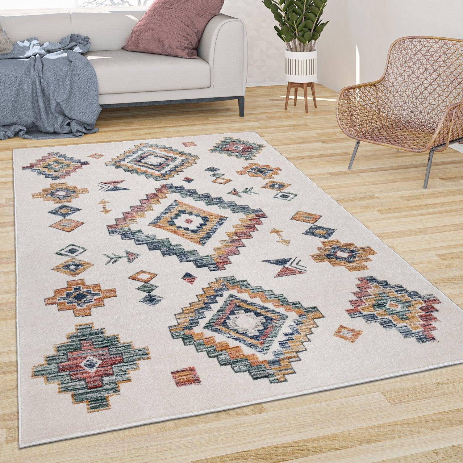 Modern Boho Rug with colorful Diamond Pattern in Cream RugYourHome