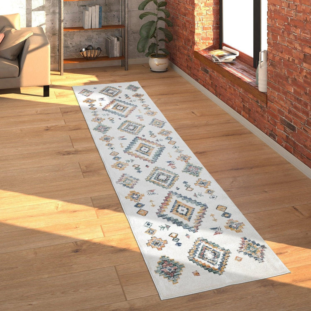 Modern Boho Rug with colorful Diamond Pattern in Cream RugYourHome