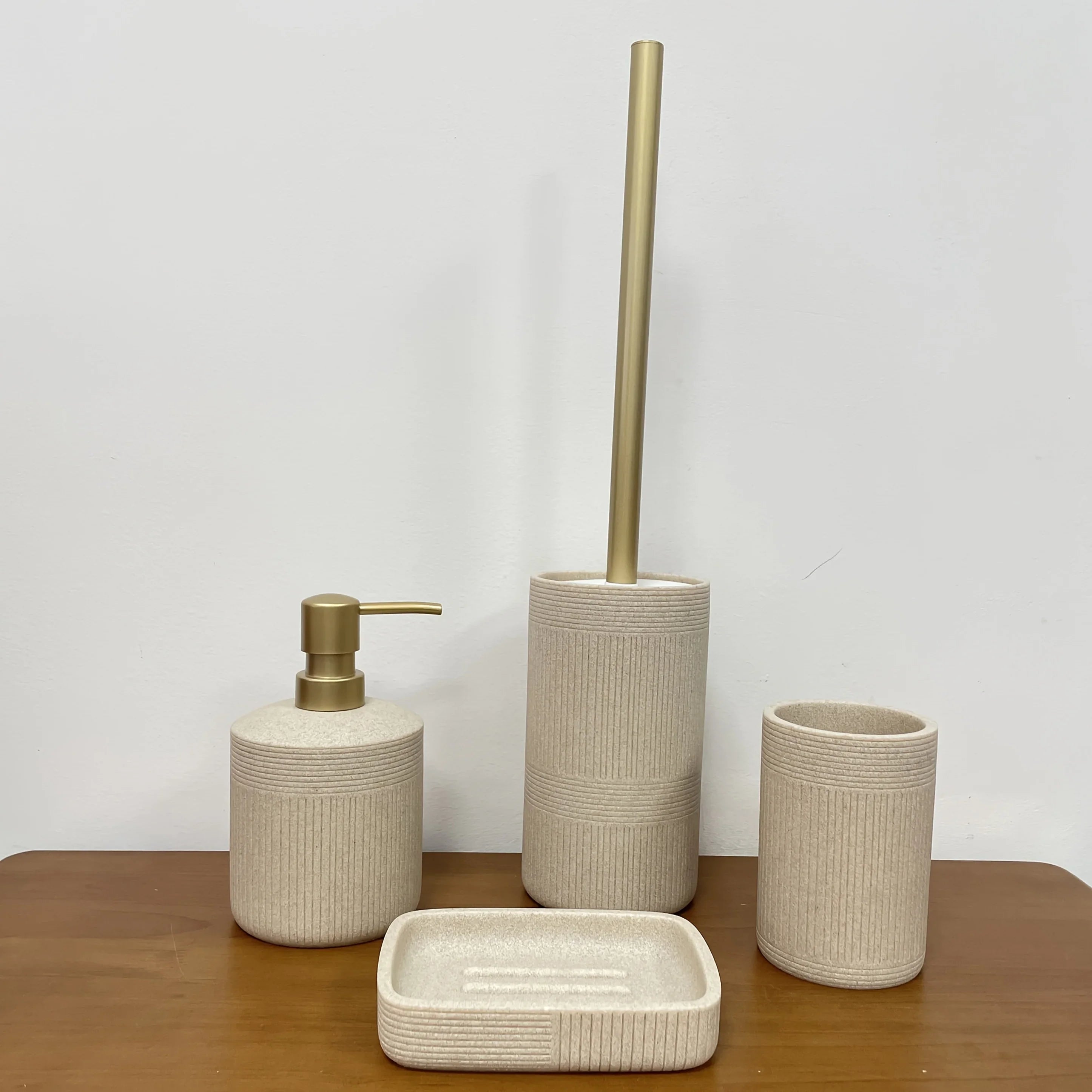 Modern Bathroom Set with Beige & Golden Accents - Includes Soap Dispenser, Toilet Brush Holder, Toilet Paper Holder, and Tray - Elegant Bathroom Organizer for Vanity, Or Bathroom Decor, Vanity Storage, Sleek Design, Durable C House Of Avana