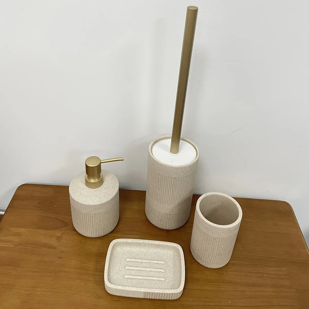 Modern Bathroom Set with Beige & Golden Accents - Includes Soap Dispenser, Toilet Brush Holder, Toilet Paper Holder, and Tray - Elegant Bathroom Organizer for Vanity, Or Bathroom Decor, Vanity Storage, Sleek Design, Durable C House Of Avana