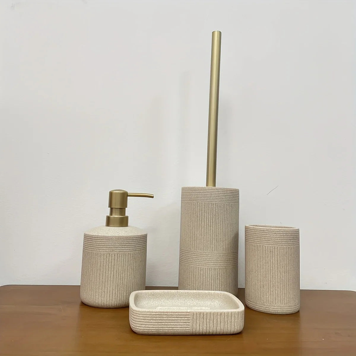 Modern Bathroom Set with Beige & Golden Accents - Includes Soap Dispenser, Toilet Brush Holder, Toilet Paper Holder, and Tray - Elegant Bathroom Organizer for Vanity, Or Bathroom Decor, Vanity Storage, Sleek Design, Durable C House Of Avana