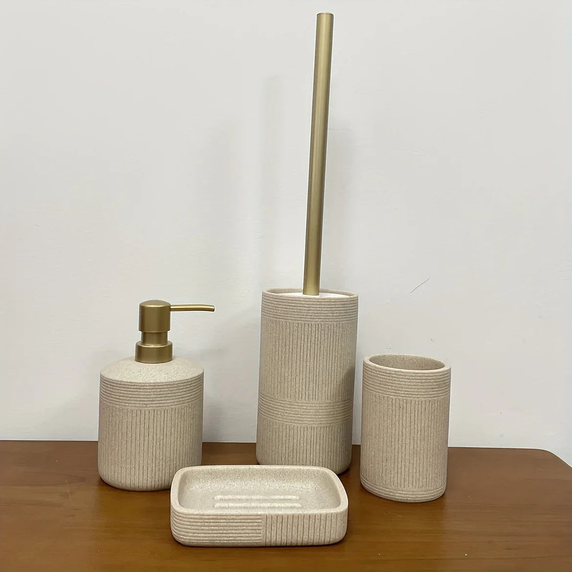 Modern Bathroom Set with Beige & Golden Accents - Includes Soap Dispenser, Toilet Brush Holder, Toilet Paper Holder, and Tray - Elegant Bathroom Organizer for Vanity, Or Bathroom Decor, Vanity Storage, Sleek Design, Durable C House Of Avana