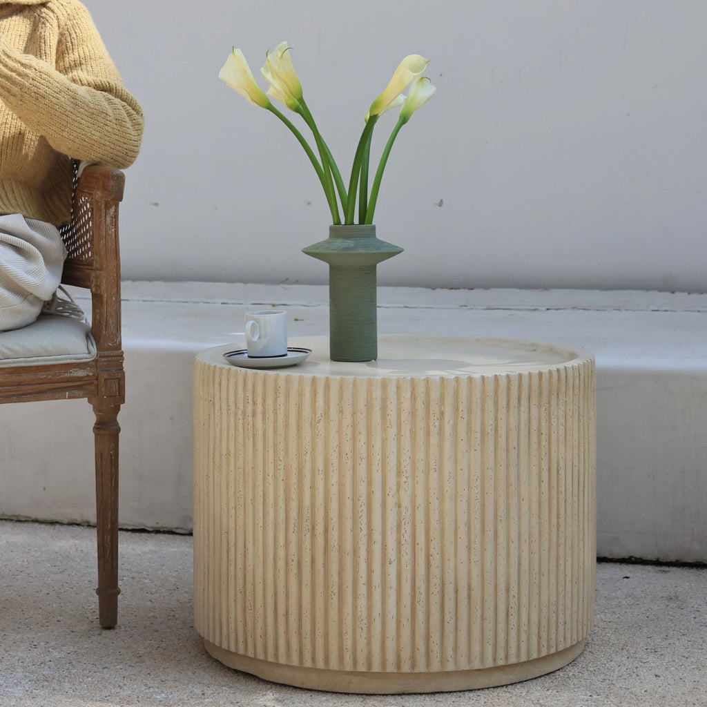 Modern Concrete Round Side Table - Versatile Roman Column Design, Low Sofa Table for Living Room, No Assembly Required, Durable Pedestal Base, Perfect for Home Decor, Living Room Decor | Minimalist Table | Ribbed Texture, Cof House Of Avana