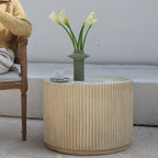 Modern Concrete Round Side Table - Versatile Roman Column Design, Low Sofa Table for Living Room, No Assembly Required, Durable Pedestal Base, Perfect for Home Decor, Living Room Decor | Minimalist Table | Ribbed Texture, Cof House Of Avana