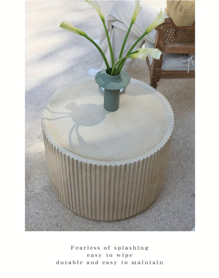 Modern Concrete Round Side Table - Versatile Roman Column Design, Low Sofa Table for Living Room, No Assembly Required, Durable Pedestal Base, Perfect for Home Decor, Living Room Decor | Minimalist Table | Ribbed Texture, Cof House Of Avana