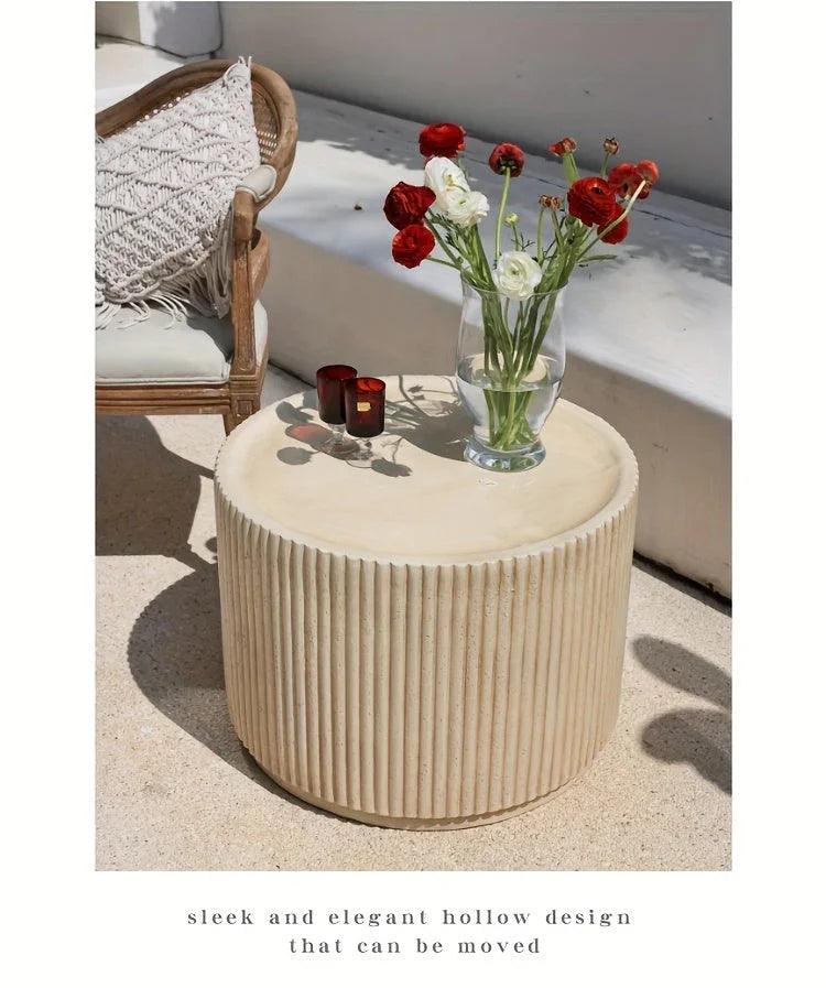 Modern Concrete Round Side Table - Versatile Roman Column Design, Low Sofa Table for Living Room, No Assembly Required, Durable Pedestal Base, Perfect for Home Decor, Living Room Decor | Minimalist Table | Ribbed Texture, Cof House Of Avana