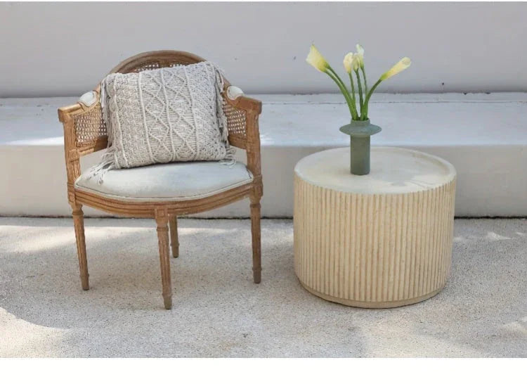 Modern Concrete Round Side Table - Versatile Roman Column Design, Low Sofa Table for Living Room, No Assembly Required, Durable Pedestal Base, Perfect for Home Decor, Living Room Decor | Minimalist Table | Ribbed Texture, Cof House Of Avana