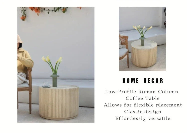 Modern Concrete Round Side Table - Versatile Roman Column Design, Low Sofa Table for Living Room, No Assembly Required, Durable Pedestal Base, Perfect for Home Decor, Living Room Decor | Minimalist Table | Ribbed Texture, Cof House Of Avana