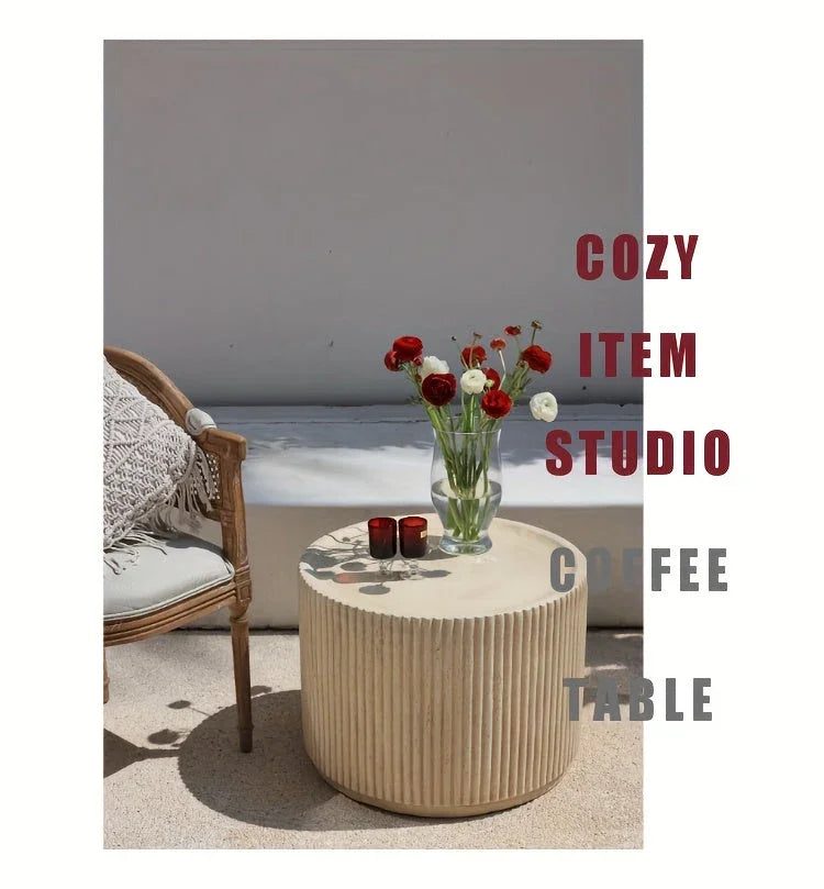 Modern Concrete Round Side Table - Versatile Roman Column Design, Low Sofa Table for Living Room, No Assembly Required, Durable Pedestal Base, Perfect for Home Decor, Living Room Decor | Minimalist Table | Ribbed Texture, Cof House Of Avana