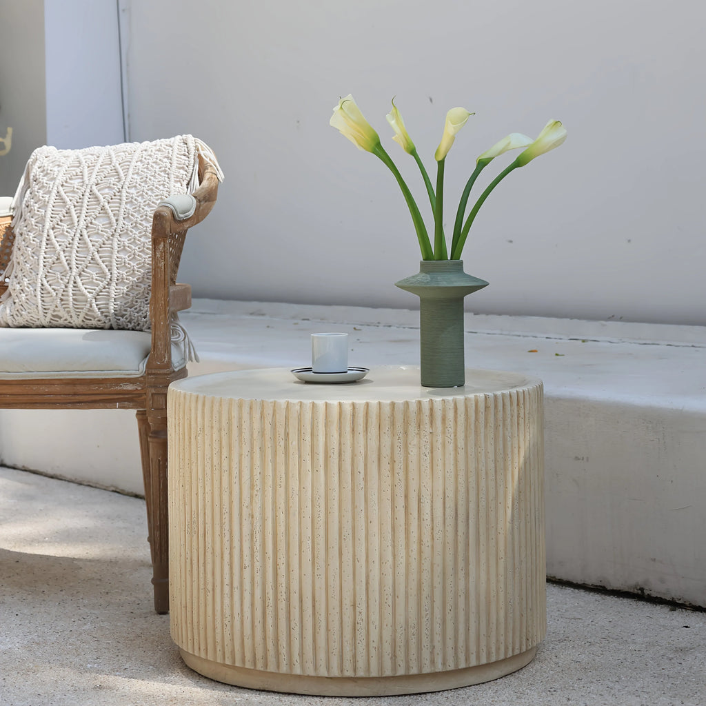 Modern Concrete Round Side Table - Versatile Roman Column Design, Low Sofa Table for Living Room, No Assembly Required, Durable Pedestal Base, Perfect for Home Decor, Living Room Decor | Minimalist Table | Ribbed Texture, Cof House Of Avana