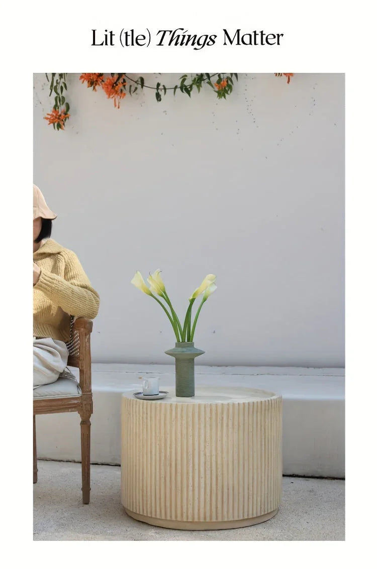 Modern Concrete Round Side Table - Versatile Roman Column Design, Low Sofa Table for Living Room, No Assembly Required, Durable Pedestal Base, Perfect for Home Decor, Living Room Decor | Minimalist Table | Ribbed Texture, Cof House Of Avana