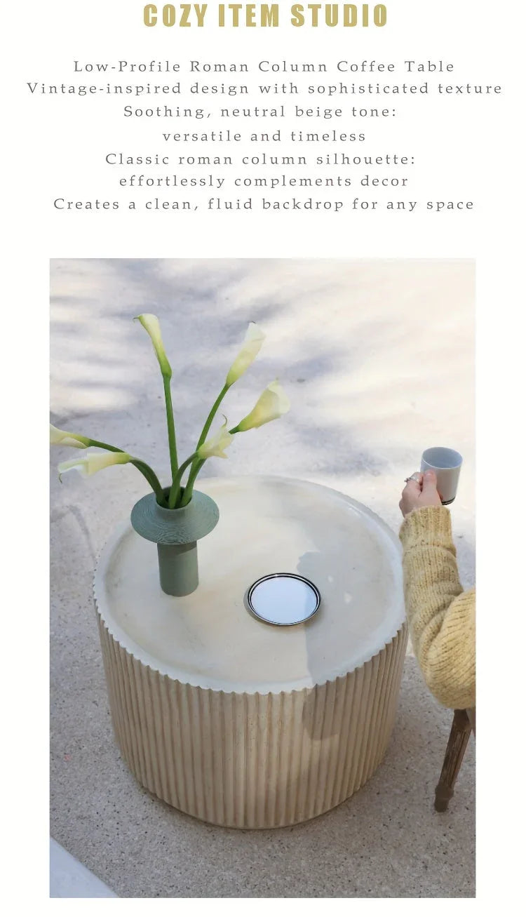 Modern Concrete Round Side Table - Versatile Roman Column Design, Low Sofa Table for Living Room, No Assembly Required, Durable Pedestal Base, Perfect for Home Decor, Living Room Decor | Minimalist Table | Ribbed Texture, Cof House Of Avana