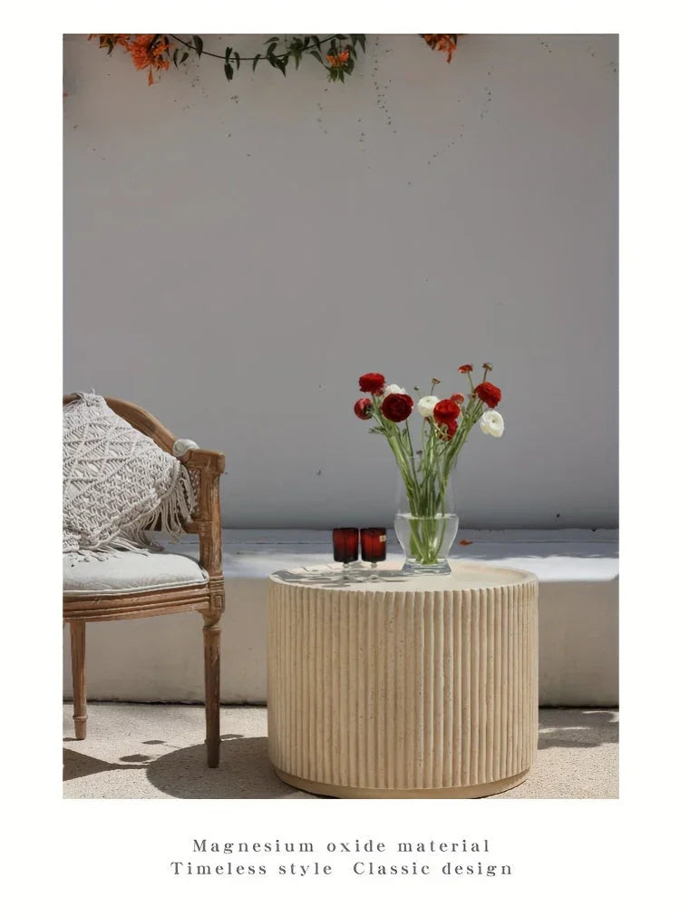 Modern Concrete Round Side Table - Versatile Roman Column Design, Low Sofa Table for Living Room, No Assembly Required, Durable Pedestal Base, Perfect for Home Decor, Living Room Decor | Minimalist Table | Ribbed Texture, Cof House Of Avana