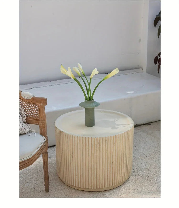 Modern Concrete Round Side Table - Versatile Roman Column Design, Low Sofa Table for Living Room, No Assembly Required, Durable Pedestal Base, Perfect for Home Decor, Living Room Decor | Minimalist Table | Ribbed Texture, Cof House Of Avana