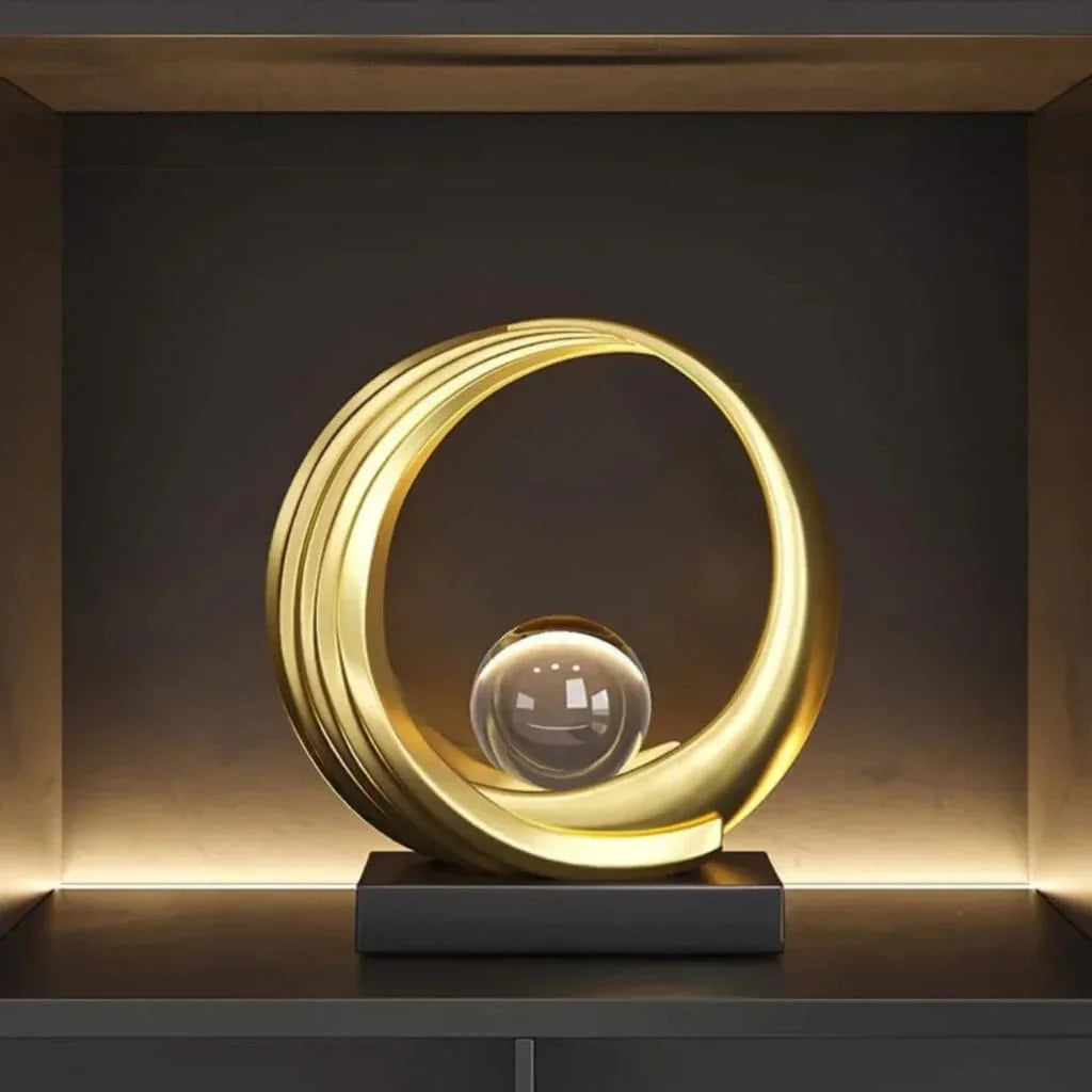 Crystal ball sculpture with golden base, modern abstract décor - House of Avana