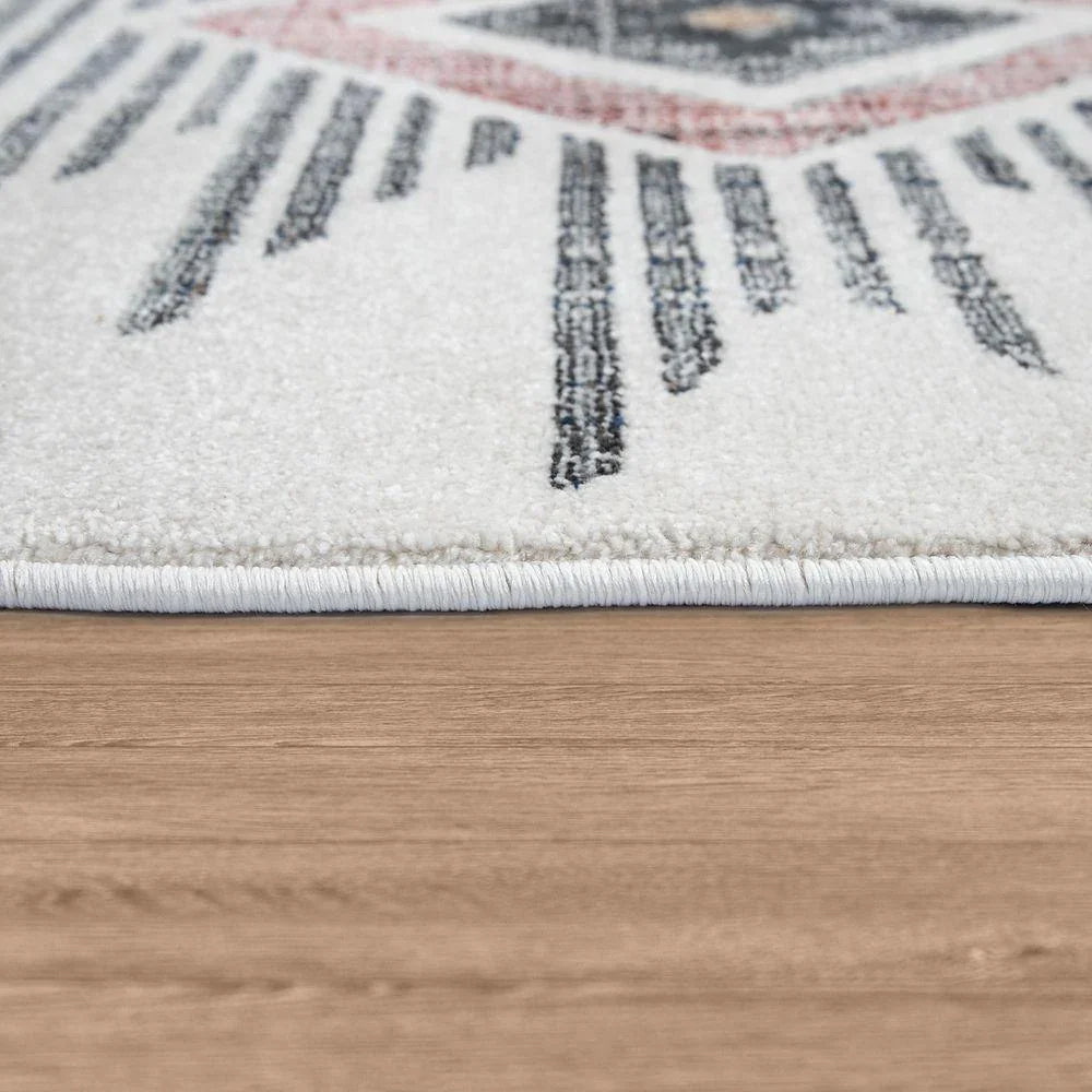 Cream area rug with colorful ethnic pattern, soft wool design - House of Avana