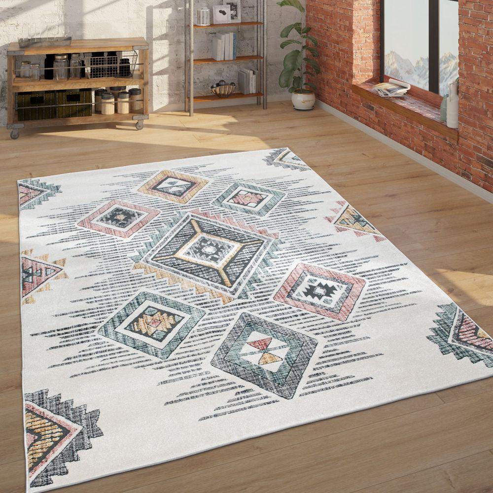 Cream area rug with colorful ethnic pattern, soft wool design - House of Avana