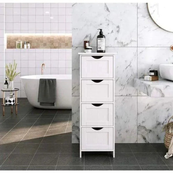 Modern Farmhouse 4-Drawer Bathroom Linen Floor Cabinet in White Wood Finish
