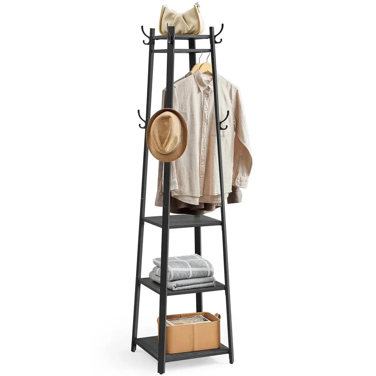 Modern Farmhouse Black Metal Coat Rack Entryway Hall Tree with Grey Wood Shelves