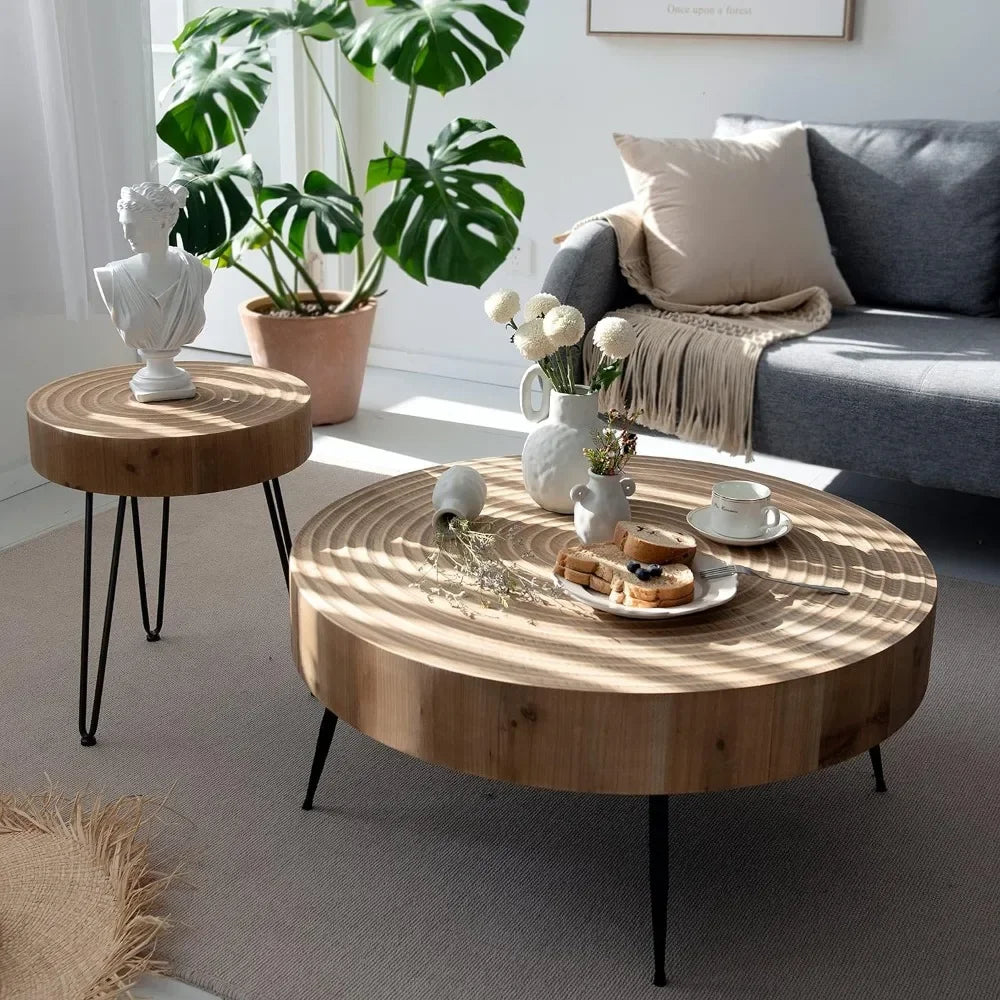 Modern Farmhouse Living Room Coffee Table Set, Nesting Table Round Natural Finish with Handcrafted Wood Ring Motif, - House Of Avana