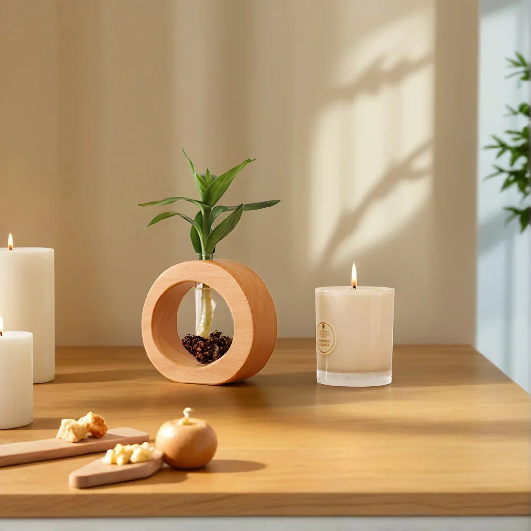 Reclaimed wood vase on modern farmhouse table, natural wood tone - House of Avana