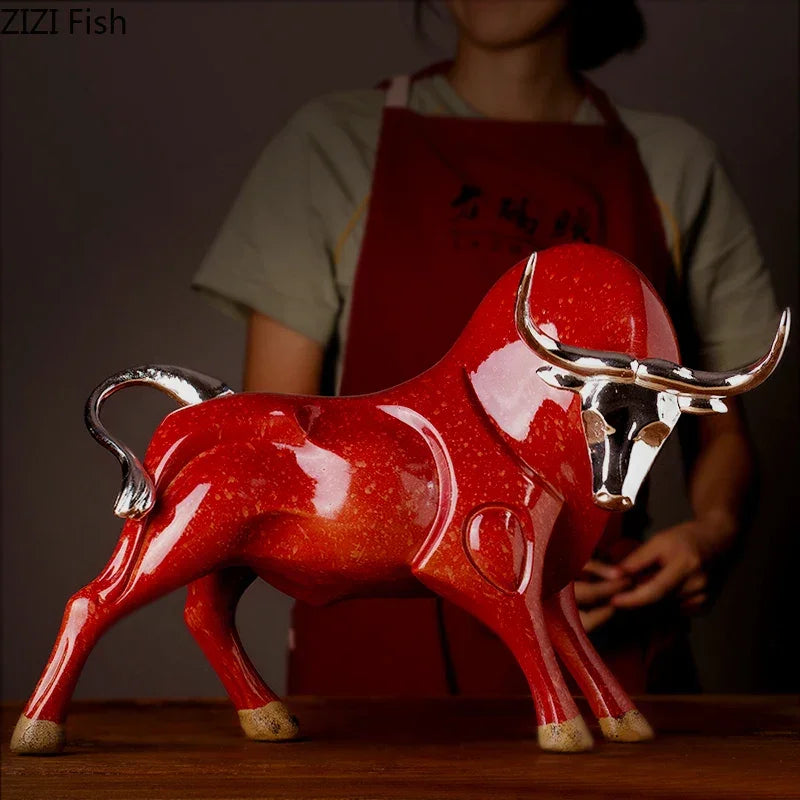 Modern Figurines Red and Black Bull Sculpture Resin Simulation Animal Statue Living Room Bookcase Crafts Accessories Home Decor - House Of Avana
