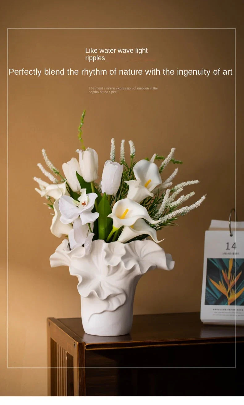 White ceramic floral vase, elegant design, easy-clean surface - House of Avana