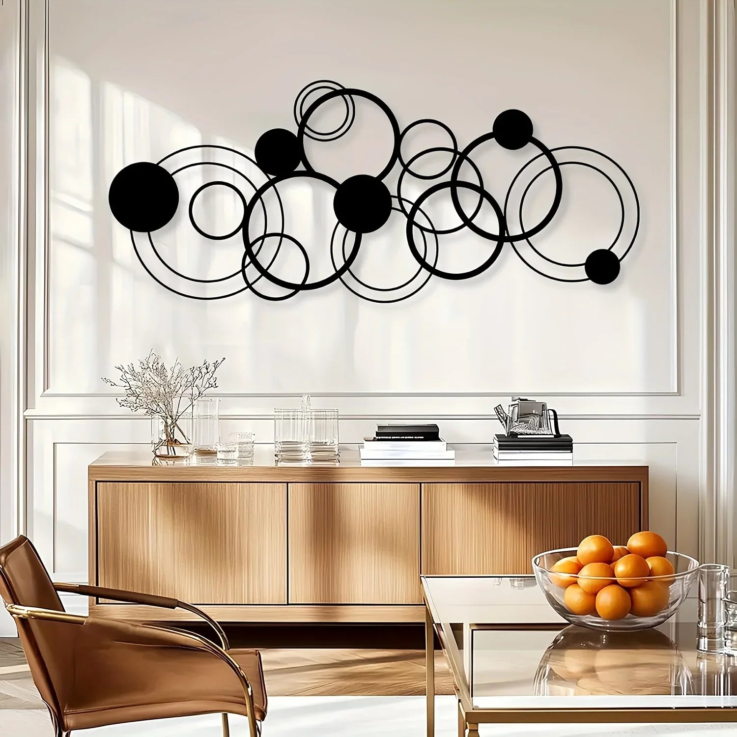 Modern metal wall art, black abstract circles design, geometric pattern - House of Avana
