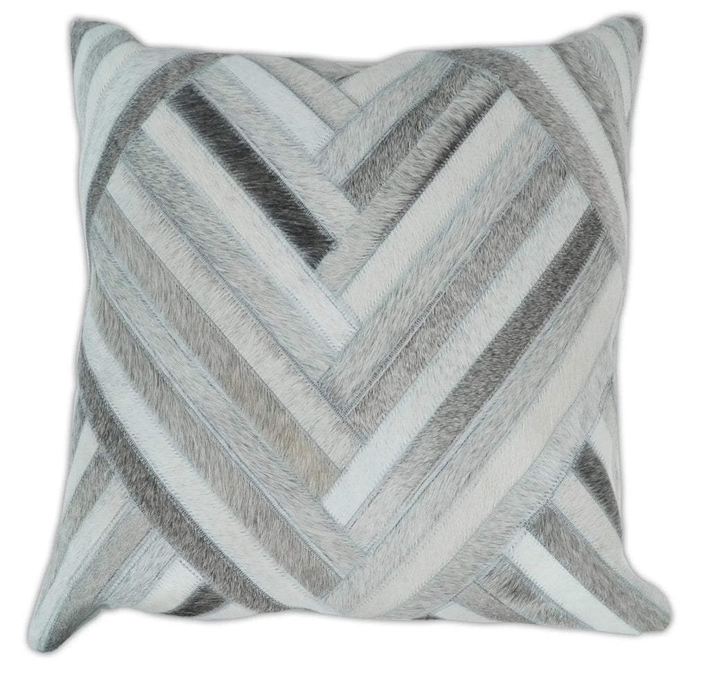 Modern Geometric Silver and Ivory Striped Genuine leather Pillow, Cushion | PL18 The Rug Decor