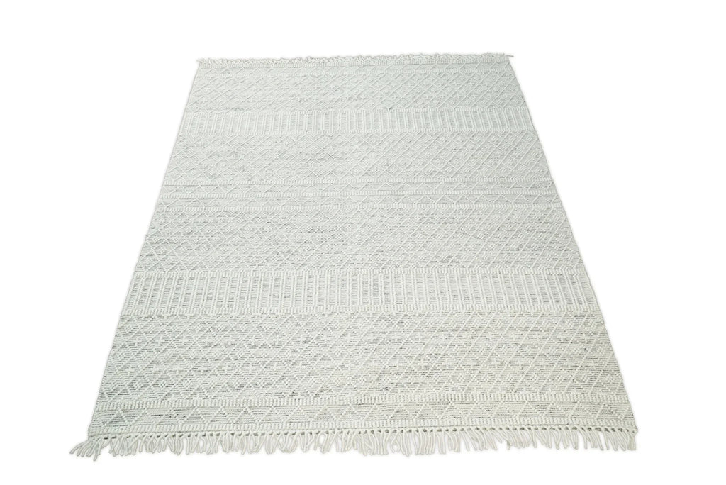 Modern Geometrical White Dhurrie Wool Area Rug