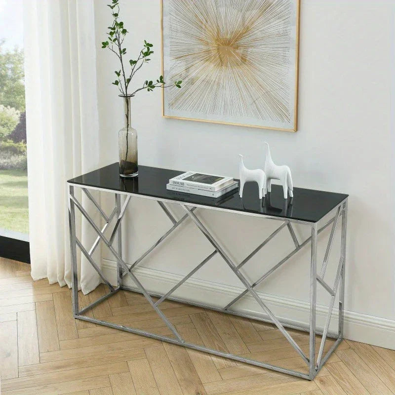 Modern Glass Console Table 55" - Sturdy Metal Frame & Black Tempered Glass Top, Chrome Finish, No Assembly Required, 27" Height for Living Room, Entryway, Bedroom - Contemporary Minimalist Design, Console Table for Living Roo House Of Avana