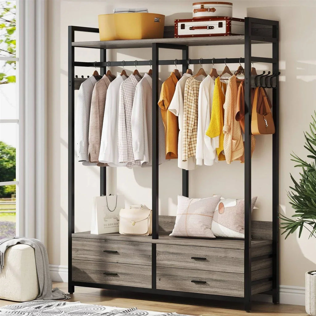 Modern Grey Black Garment Rack with Clothes Hanging Rod and 4 Storage Drawers