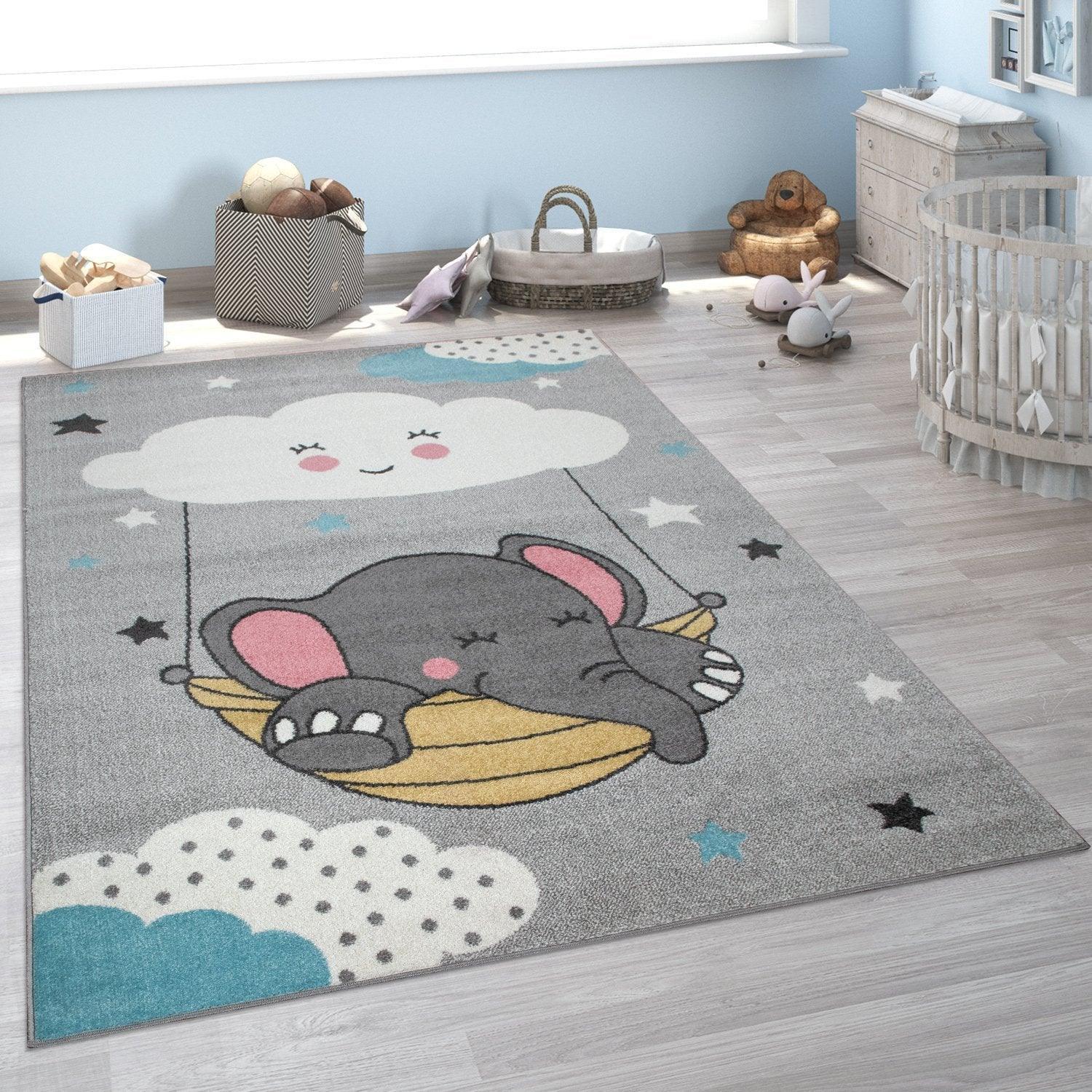 Kids Rug Nino Cute Elephant for Nursery in Grey RugYourHome