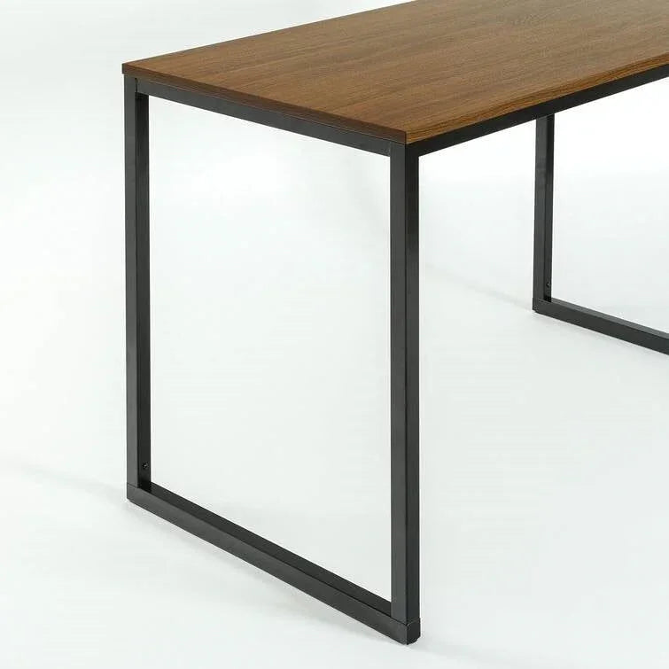 Modern Home Office Desk with Black Metal Frame and Brown Wood Top