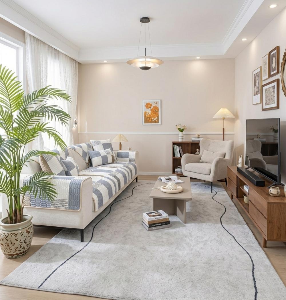 Modern living room with sofa cover, accent chair, coffee table, area rug and indoor plant - House of Avana home decor