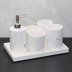 Modern Marble Look Ink-Style 5pcs Bathroom Accessory Set with Rectangular Tray, Toothbrush Holder, Tumbler, and Lotion Dispenser Set House Of Avana