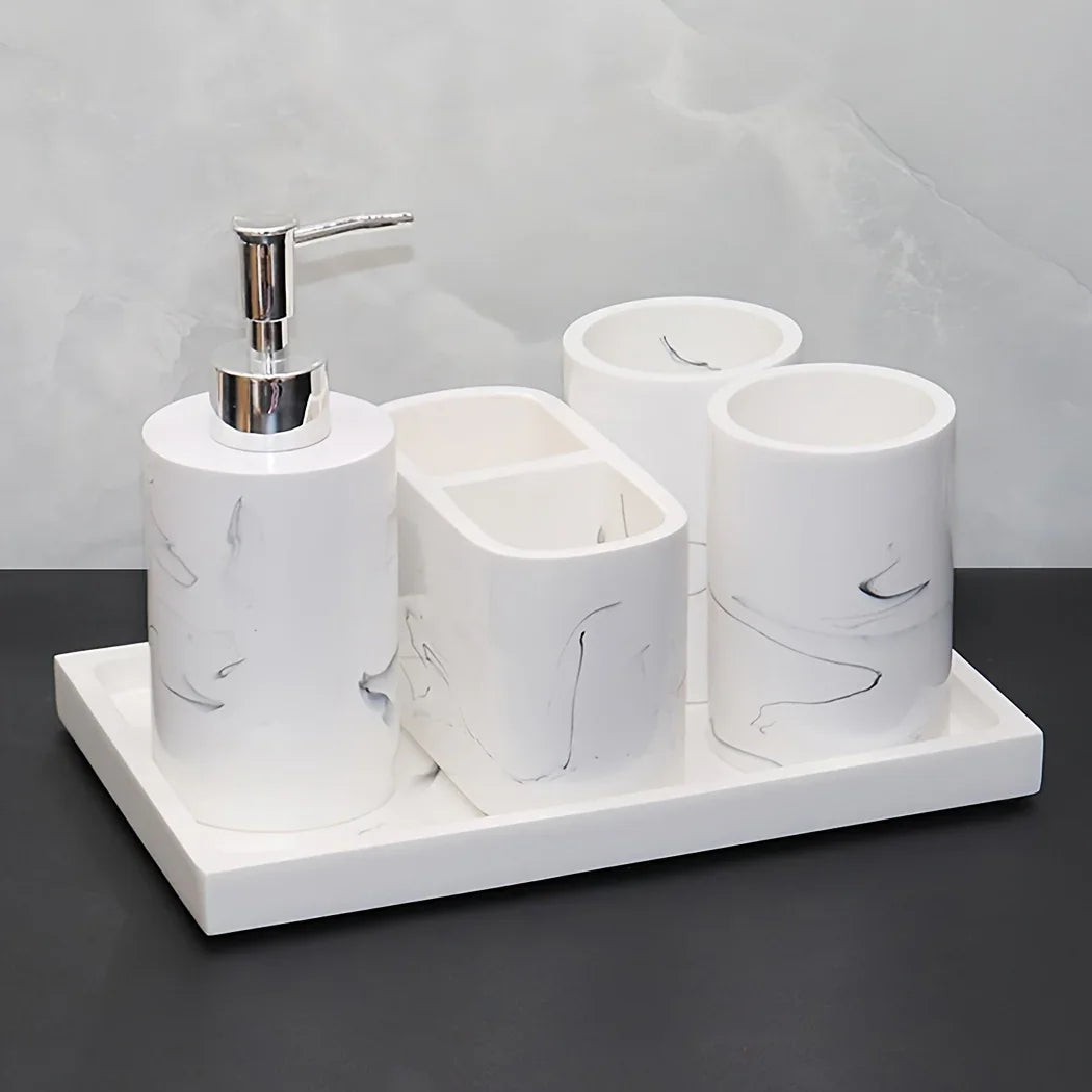 Modern Marble Look Ink-Style 5pcs Bathroom Accessory Set with Rectangular Tray, Toothbrush Holder, Tumbler, and Lotion Dispenser Set House Of Avana [[SKU:HOA-BAT-412]]